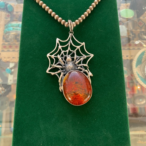 Sterling g silver spider pendant 925 spiderweb jewelry baltic amber gothic punk - Picture 5 of 13